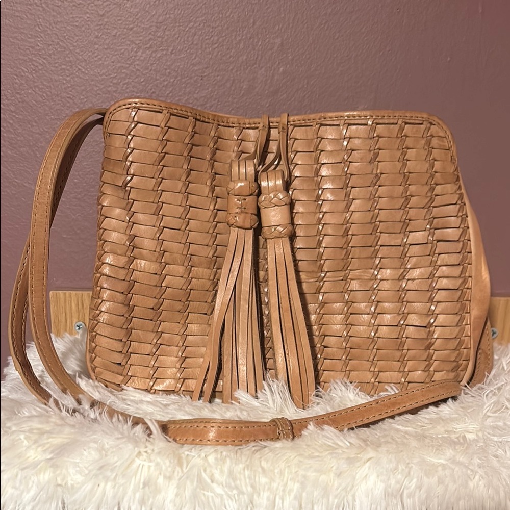 Tan Crossbody Bag with Woven Texture and Drawstring Closure